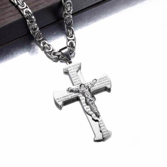 Jesus Crucifix Cross Necklace For Men Silver Color Stainless Steel Byzanine - Picture 5 of 6